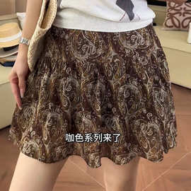 时尚百搭印花短裙女2026夏季新款高腰显瘦洋气抽褶休闲a字半身裙
