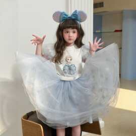 女童爱莎T恤2026夏装新款洋气儿童雪花网纱半身裙女孩公主两件套