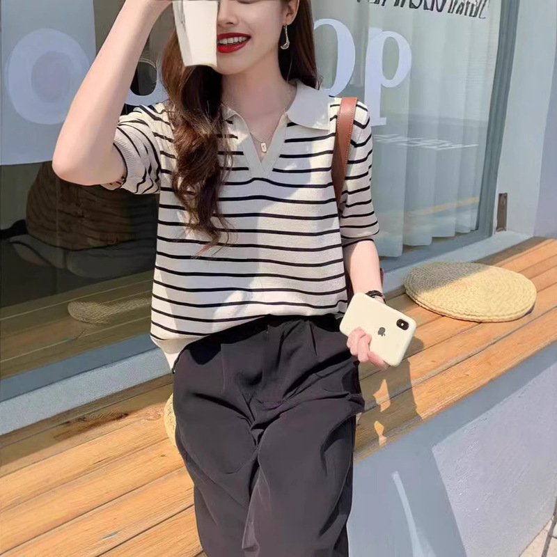 Summer New Polo Collar Striped Knitted T-shirt Women's 2025 New Simple Korean-style V-neck Loose Top