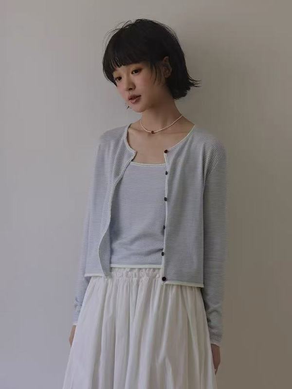 针织衫条纹长袖韩系圆领两件套女早秋温柔简约背心吊带套装针织衫|undefined
