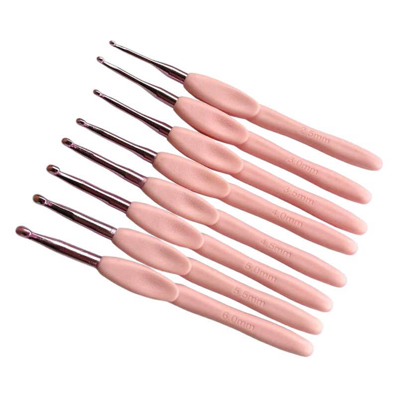 Nueva herramienta de tejer aguja del suéter mango suave de aluminio crochet TPR mango rosa Radian crochet un conjunto de 8 bolsas