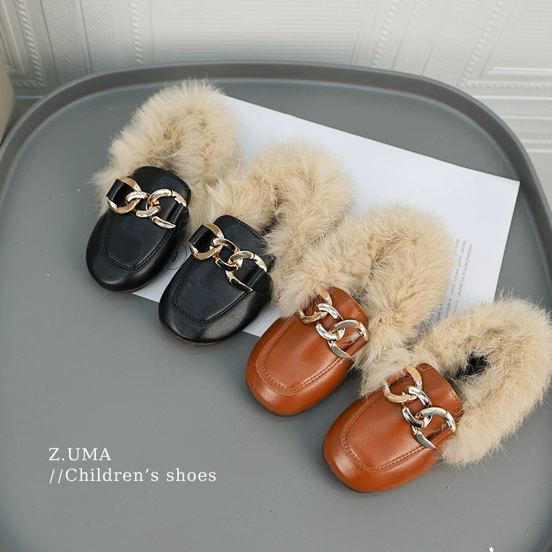 Детская меховая обувь 2024 осенняя и зимняя детская обувь с металлической пряжкой с квадратной головкой с плоским дном и бархатной фасолью