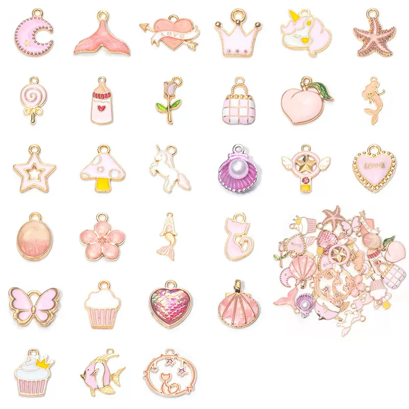 temu热销粉色系列 diy合金滴油饰品配件跨境亚马逊串珠手工挂件