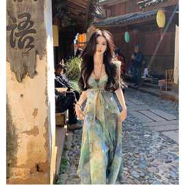 女生波西米亚风荷叶边温柔少女风连衣裙春夏季新款油画感吊带长裙