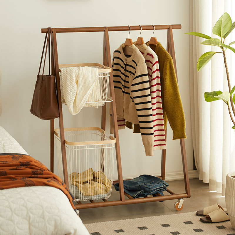 Solid Wood Floor Coat Rack Multi-functional Dirty Clothes Basket Household Bedroom Removable Hanger Simple Indoor Drying Rack