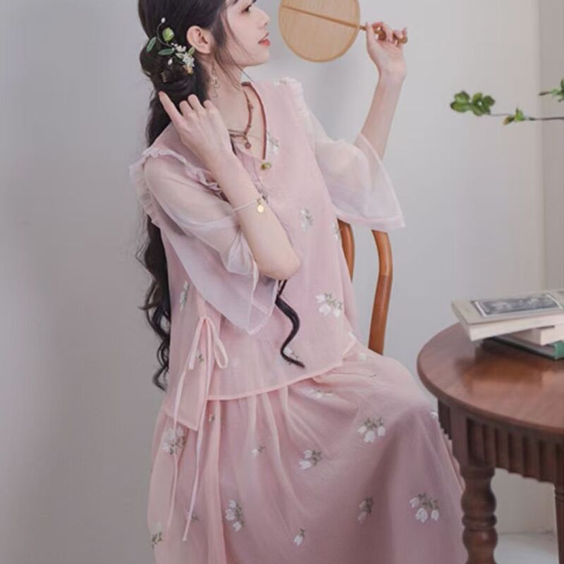 2025年新作夏スタイルの優しい中国風改良チャイナドレストップスとスカート女の子の中国風ツーピーススーツ|undefined