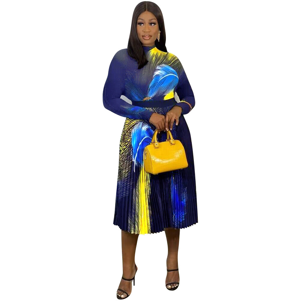 Damenbekleidung Mode Damenbekleidung Herbst und Winter neue Mode bedruckter plissierter Rockanzug mit hoher Taille_voghion.com