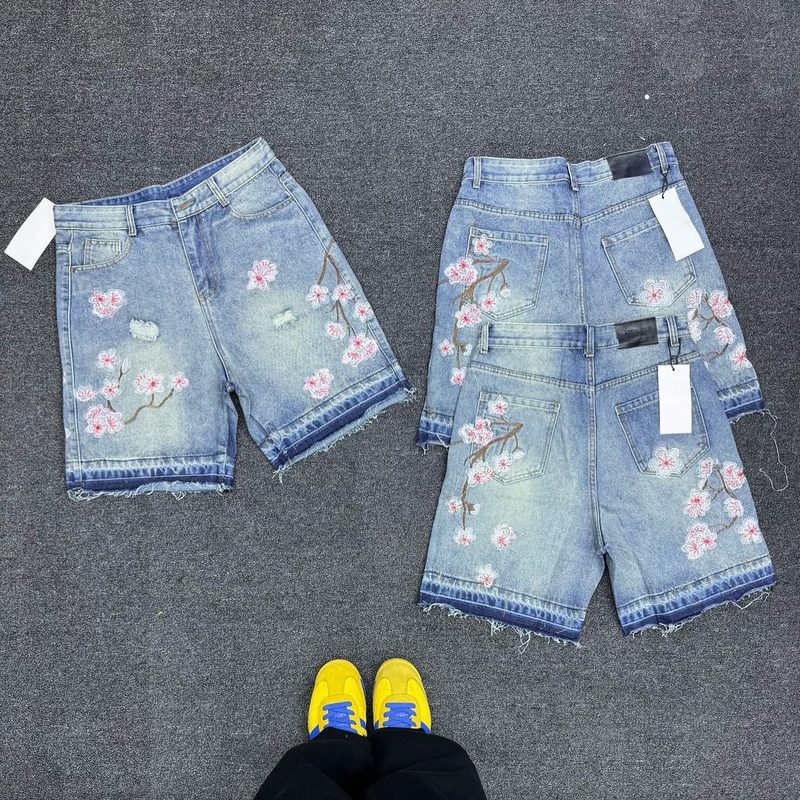 ヨーロッパとアメリカのクロスボーダー Y2K ゴシック桜刺繍デニムショートパンツメンズ夏の新しいレトロヒップホップストリートパンツイン|undefined