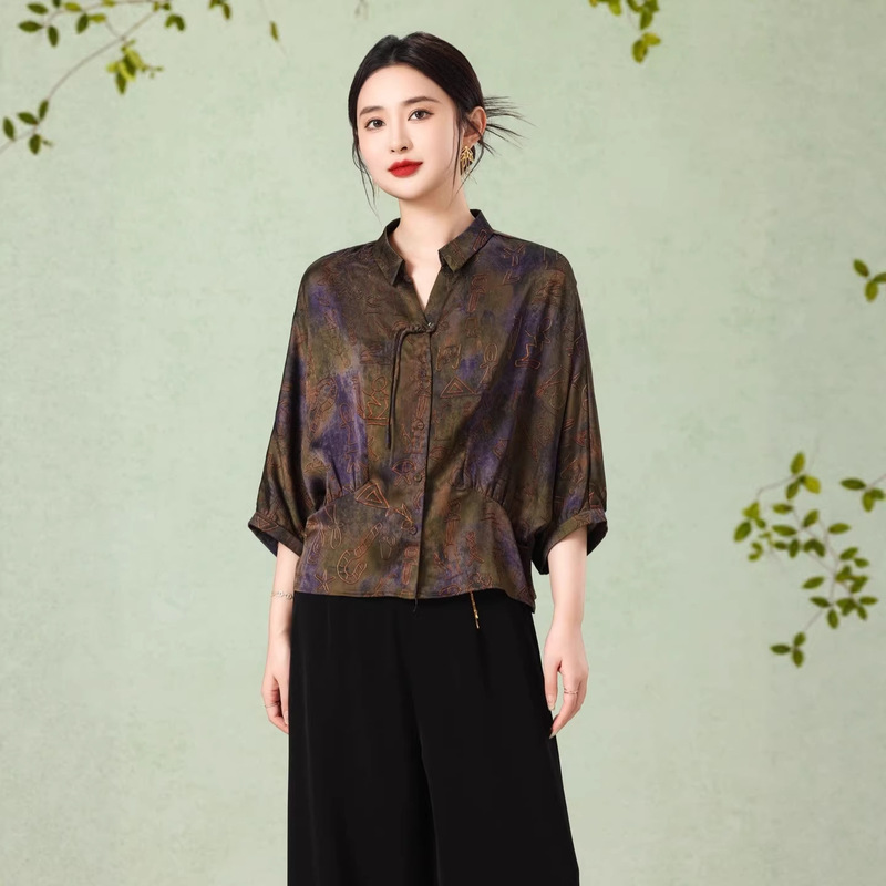 Cross-Border Silk Xiangyun Yarn Shirt Top, Rayon Diagonal Collar Chinese-Style Tie Shirt, Plus Size 2026 Mulberry Silk Top