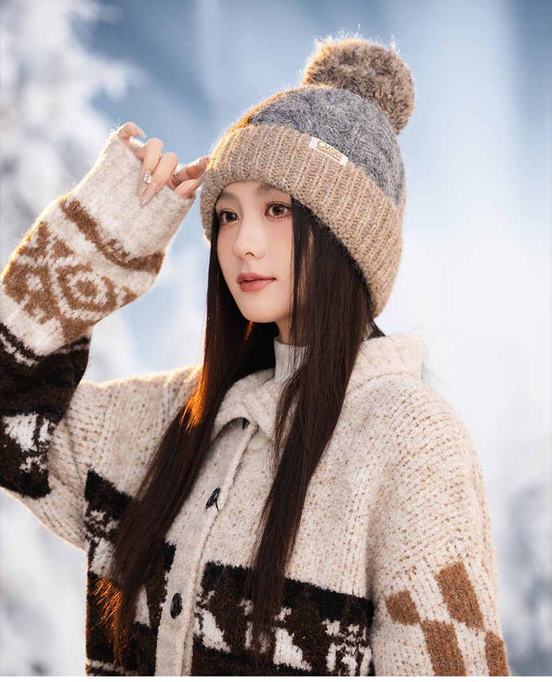 Fashion Versatile Color Block Pom Knitted Autumn Winter Outdoor Fleece Lined Thickened Warm Artistic Retro Pullover Hat_voghion.com
