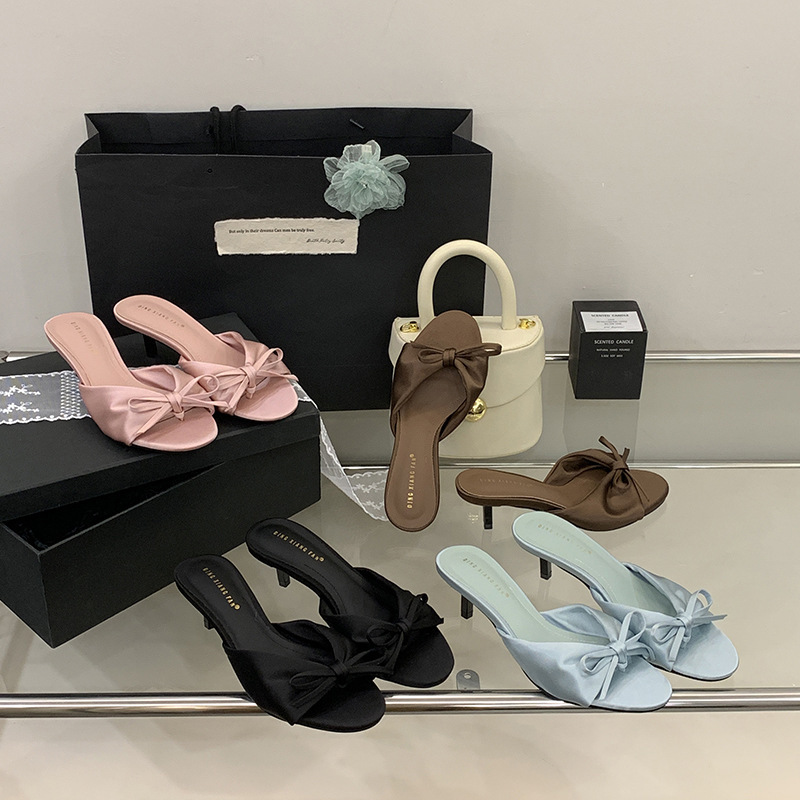 2025 New Summer Women's Bow High-Heeled Sandals, Fashionable and Elegant One-Line Back Hollow Sandals, Vacation Sandals