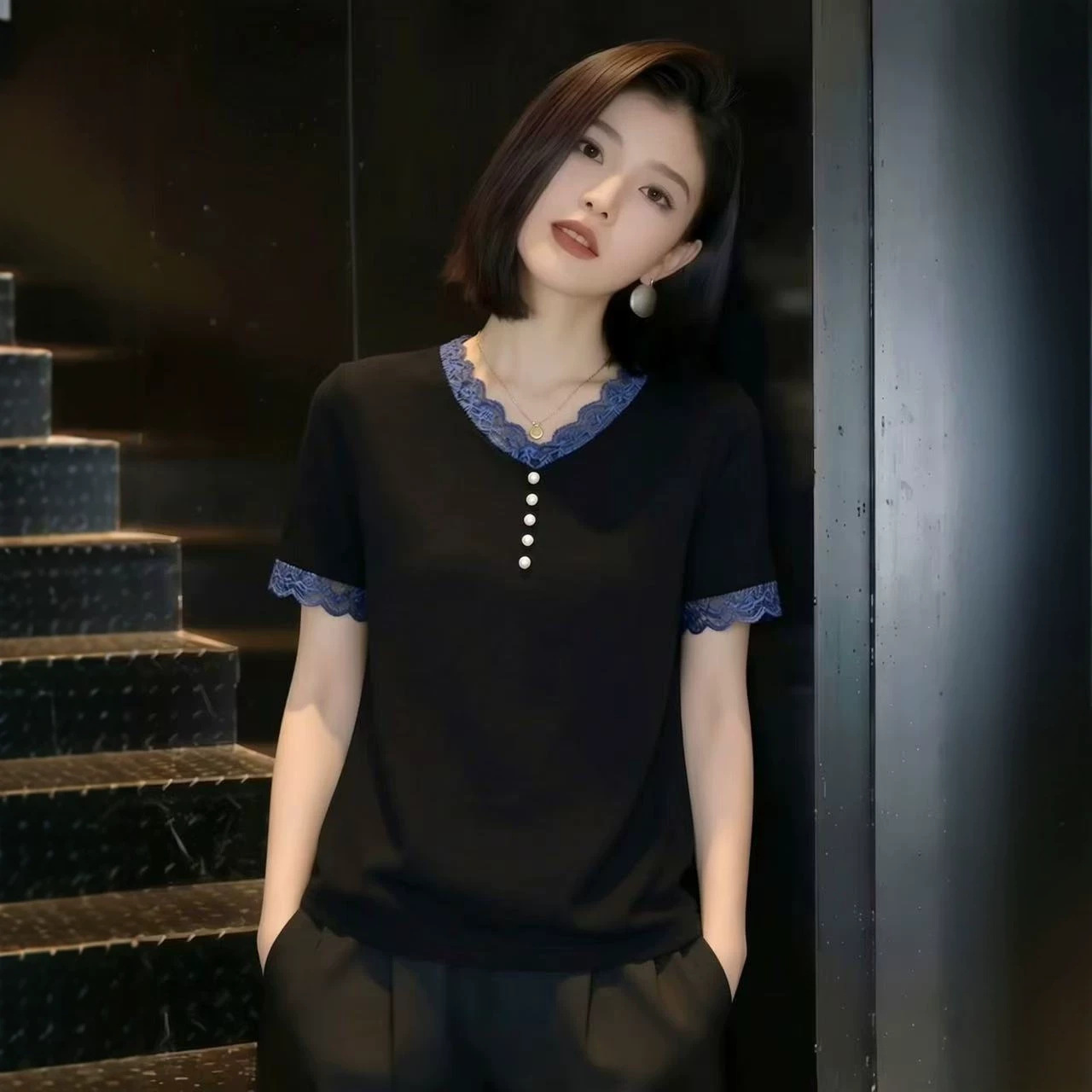 Áo thun ren cổ V tay ngắn nữ phong cách Hàn Quốc — đen chi tiết 4