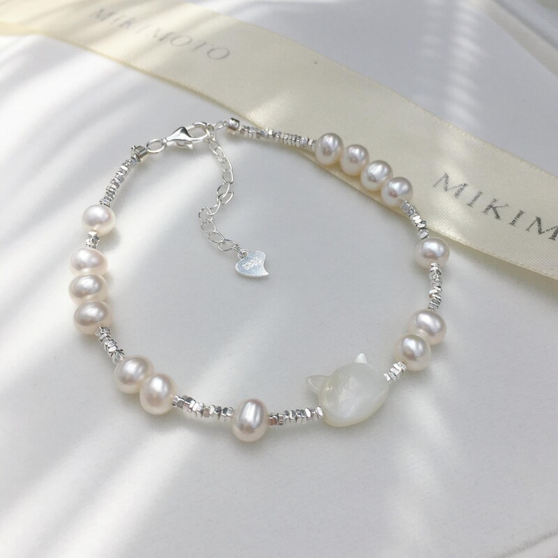 Net Celebrity Aidou Hot Push Sweet tian Ran Freshwater Pearl Shell Cat Head Sterling Silver Broken Silver Ins Women's Bracelet Net Celebrity Aidou Hot Push Sweet tian Ran Freshwater Pearl Shell Cat Head Sterling Silver Broken Silver Ins Women's Bracelet
