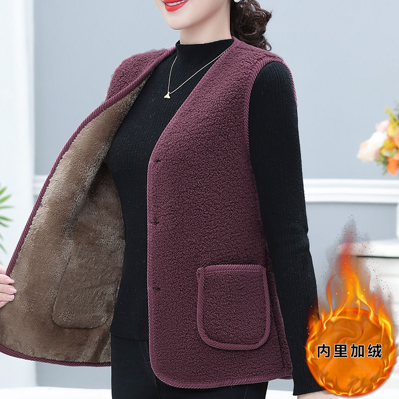 妈妈羊羔毛一体马甲女新款秋冬女士加绒加厚外穿背心毛毛马夹外套