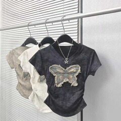 VネックプリーツTシャツ レディース 夏 蝶々柄パッチワークトップス セクシー アメリカンスタイル 万能 フィット感抜群 半袖トップス 通気性