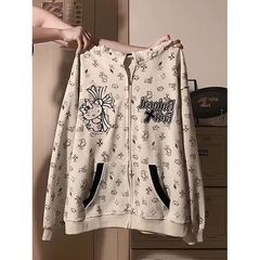 美式复古设计感满印kt猫开衫连帽卫衣女秋冬新款宽松慵懒风外套潮