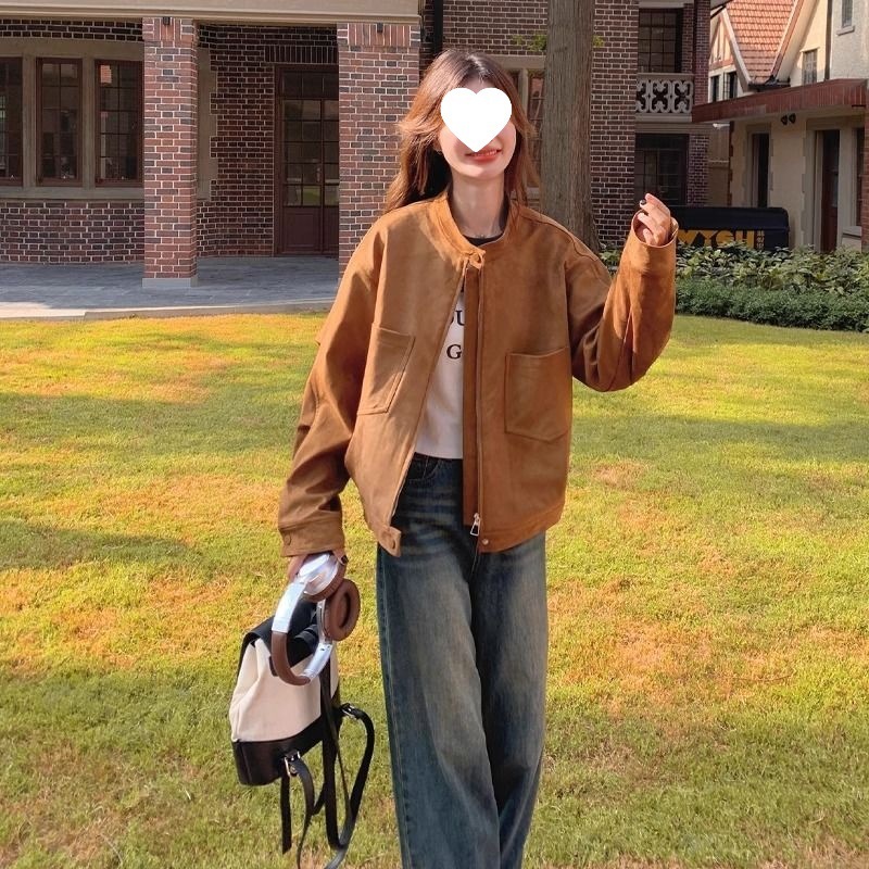 美拉德棕色夹克外套女麂皮绒春秋新款韩版宽松休闲百搭立领上衣潮|undefined