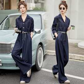牛仔连体裤女2025春秋季新款明线设计长袖直筒工装连体衣阔腿长裤