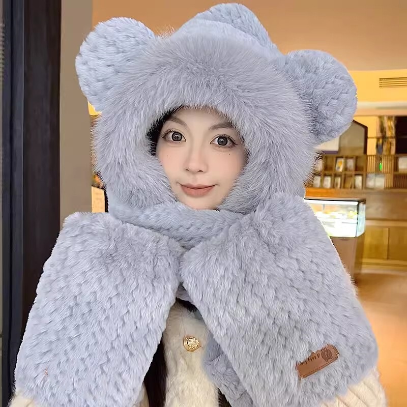 冬季防寒保暖小熊三件套帽子围巾手套可爱加厚加绒帽女围脖两件套|undefined