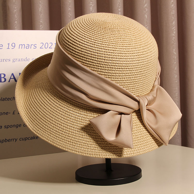 赫本风草帽女夏法式复古蝴蝶结渔夫帽可折叠沙滩帽遮脸防晒太阳帽