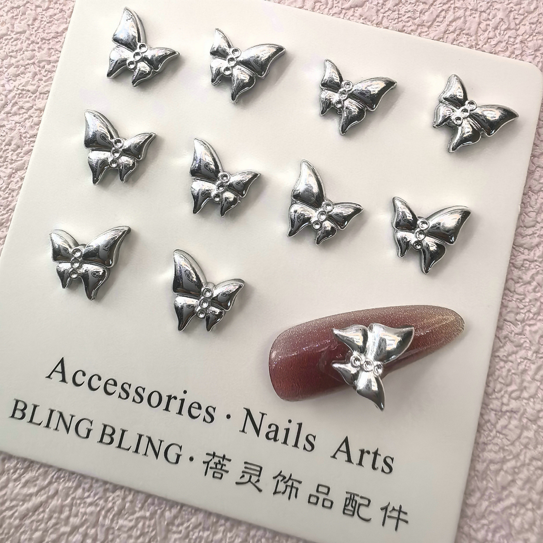 树脂电镀仿银INS风迷你蝴蝶结美甲饰品网红新款立体简约穿戴甲