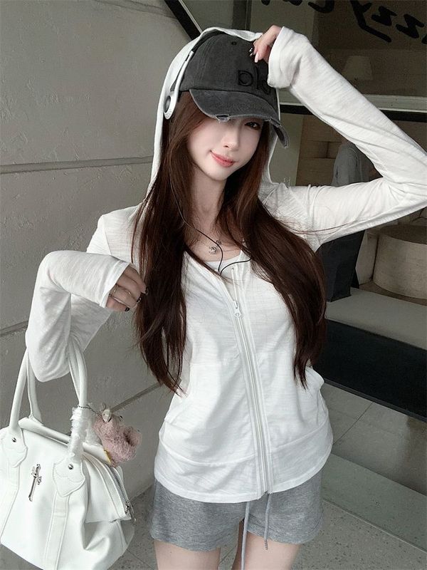 レイジースタイルスポーツスーツ白フード付き日焼け止め長袖ジャケット女性の夏のホットパンツカジュアルパンツショーツ 2 点セット|undefined