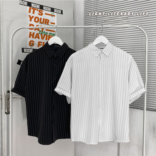 Japanese-style vertical striped short-sleeve men's summer thin casual shirt jacket, Hong Kong wind, loose, Korean trend