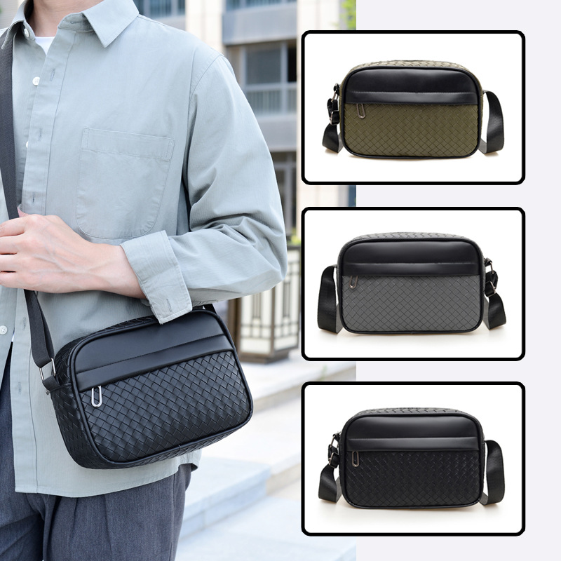 New Pu Leather Men's Crossbody Bag Multi-Layer Woven Business Casual Shoulder Bag Men's Fashion Small Square Bag Cross-Border Wholesale