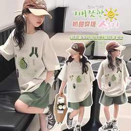 女童立体印花T恤短裤套装夏季2025新款中大童宽松休闲可爱两件套