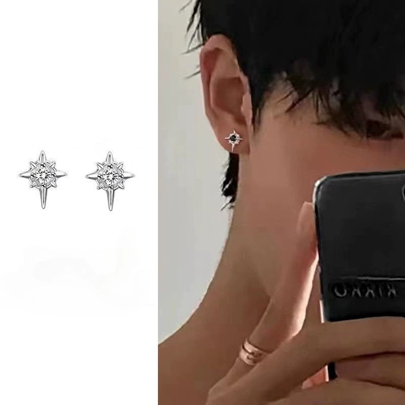 Серьги unisex 925 серебро, европейский минимализм «звезда», чёрный или белый камень