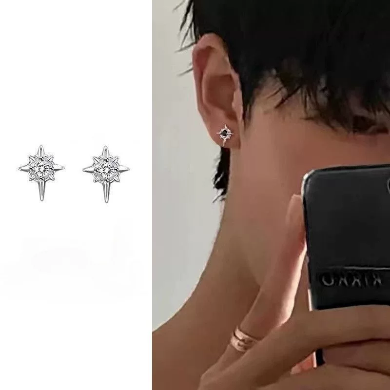 Серьги unisex 925 серебро, европейский минимализм «звезда», чёрный или белый камень