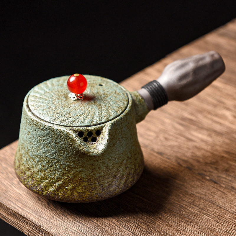 Vintage Stoneware Side Teapot Office Kiln Green Teapot Single Pot Chinese Ceramic Frosted Home Tea Breaker
