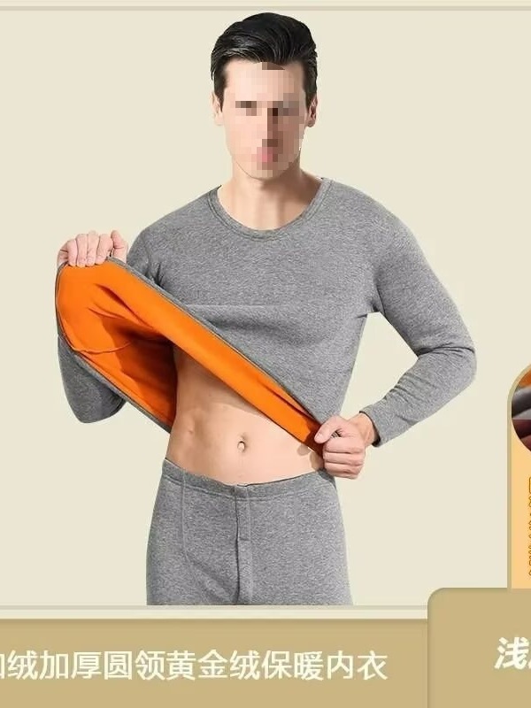 Men's Thermal Underwear Set with Fleece Lining, Thickened Base Layer Autumn Clothes and Pants, Winter Round Neck Inner Wear, Cold-Proof Top and Long Pants