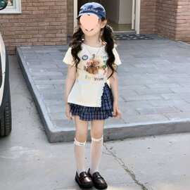 女童夏装短袖夏季格子两件套小熊新款开叉儿童洋气蛋糕套装其他棉