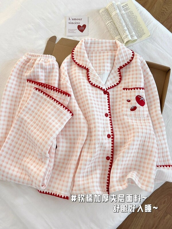 Autumn and Winter New Air Cotton Sandwich Pajamas for Women with Cartoon Print Doll Collar That Can Be Worn Outside Sweet Home Clothes Manufacturer