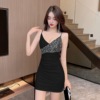 Mesh patchwork sequin suspender night store sexy dress with tight fitting hip wrap skirt