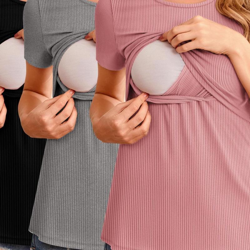 Womens Nursing Tops 3pcs Short Sleeve Ribbed Breastfeeding|undefined