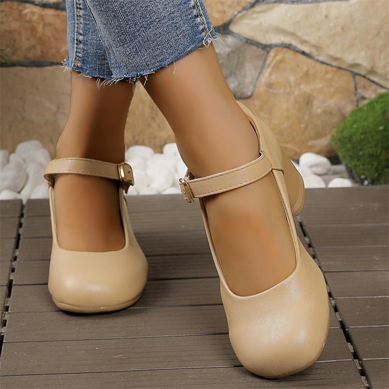 2026 estilo de verano minimalista estilo de palabra hebilla Maxin Lizhen zapatos retro cabeza redonda de mujer un solo talón grueso y poco profundo zapatos