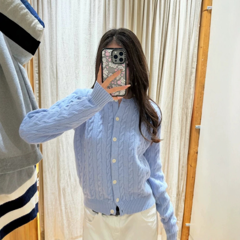 Original RL Ralph Lauren Round Neck Chunky Knit Cardigan for Women with Logo Embroidery, Long Sleeve Sweater, Classic Style