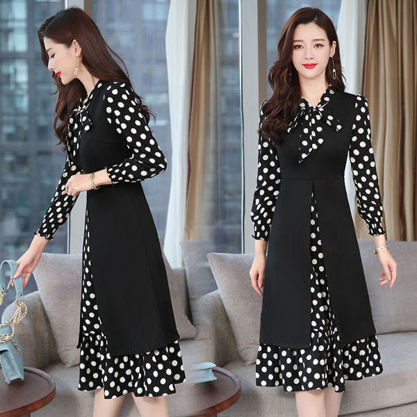 2022 Spring and Autumn New Arrival Polo Dot Bow Lace-Up Dress Elegant Fake Two-Piece Base Skirt Large Size Over-the-Knee Dress