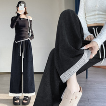蕾丝花边条绒阔腿裤女2025秋季宽松百搭软糯羊绒小个子九分休闲裤