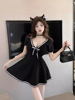 Deep V-neck， waistband， slim bow， A-line dress
