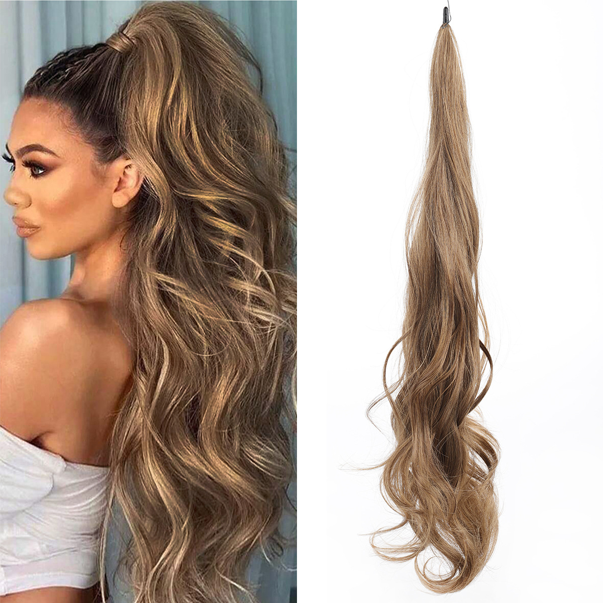 Peruca de cola de caballo, barra mágica de cabello, trenza de cola de caballo, simulación natural de ondas grandes, banda de fibra química, pelucina de cabello, trenza de cabello