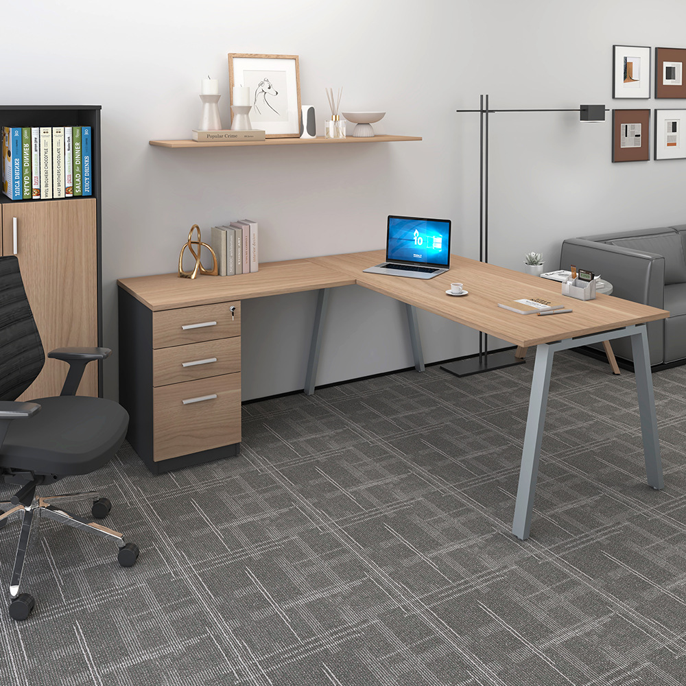 Mesa de oficina simple y moderna en forma de L con cajón 1 persona mesa de gerente de oficina de una sola persona mesa de jefe de pies de acero
