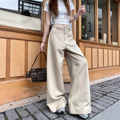 リアルショット〜夏の新しいスタイルの女性用レイジースタイルカーキカジュアルパンツ、ハイウエスト、ルーズ、ワイドレッグスーツ、オーバーオール、ストレートパンツ