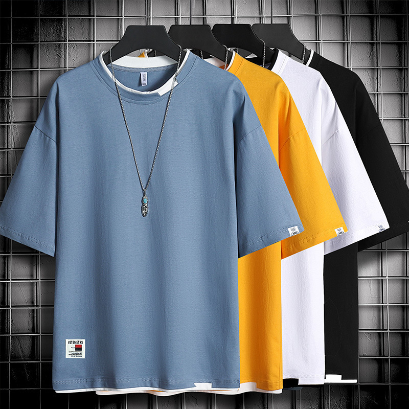 Short-sleeved T-shirt Men's Summer 2021 New Fashion Brand Instagram Style Loose Ice Silk Base Shirt All-match Fake Two-piece Clothes