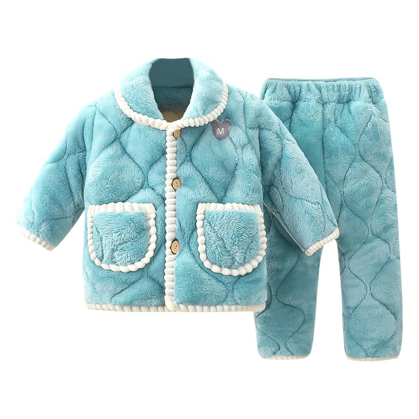 Traje de pijama para niños engrosado invierno de franela para niños medianos y grandes niños y niñas de tres capas engrosadas ropa de hogar para niños