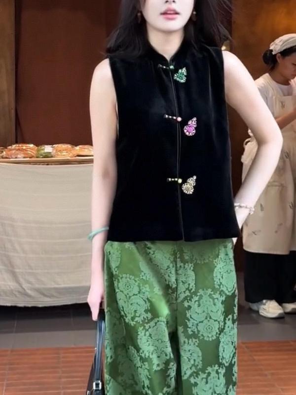 醋酸丝绒手工钉珠葫芦马甲无袖丝绒质感高级精致上衣黑色显瘦气质|undefined