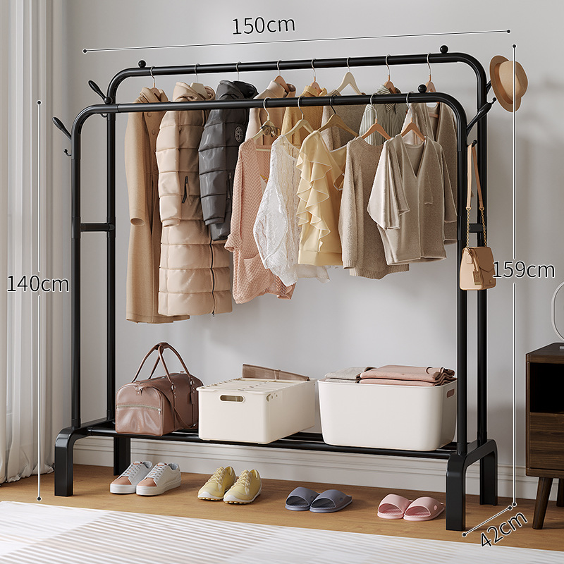 Double pole 150cm reinforced black storage rack + coat hook