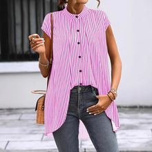 跨境欧美通勤条纹短袖衬衫女夏季宽松舒适休闲百塔上衣T恤条